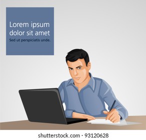 Man wearing blue shirt using laptop computer