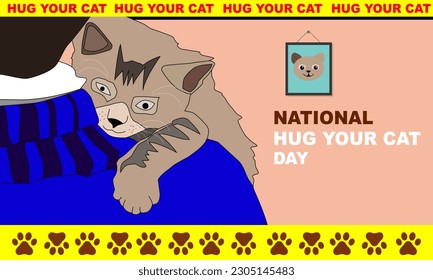 a man wearing blue sweater hugging his pet cat   photo cat the wall framed cat paws   bold text commemorating National Hug Your Cat Day June 4