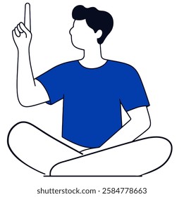 man wearing blue t-shirt sitting on floor performing yoga pose with one hand pointing up to the sky