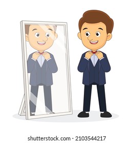 Man Wearing Bow Tie Looking In Mirror