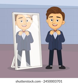 Man Wearing Bow Tie Looking In Mirror