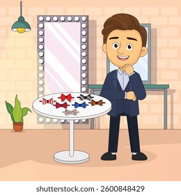 Man Wearing Bow Tie Looking In Mirror