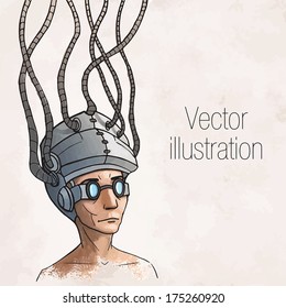 Man wearing a brain-control helmet. Digital addiction. Vector illustration