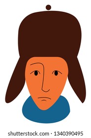 Man wearing a brown big hat with ear flaps on the side vector color drawing or illustration 