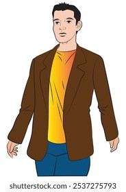 A man wearing a brown jacket is walking. ILLustration in colors and vector format.