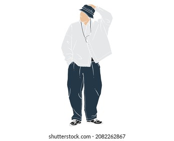 man wearing bucket hat walk hand in pocket Human character on white background. Hand drawn style vector design illustrations.