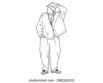 man wearing bucket hat walk hand in pocket Human character on white background. Hand drawn style vector design illustrations.