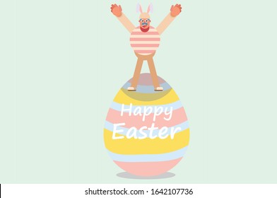 A man wearing a bunny costume standing on a big egg, Happy Easter day theme. Simple vector illustration, this illustration can use as a sticker also. 