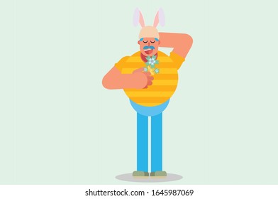 A man wearing a bunny hat breathes flowers calmly. Colorful Easter vector illustration, this illustration can use as a sticker also.