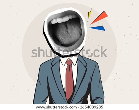 Man wearing business suit with an opened screaming mouth. Modern photo collage style. Vector illustration
