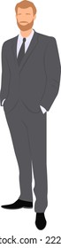 Man wearing in business suit standing with his hands in his trouser pockets. Flat vector illustration.