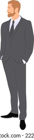 Man wearing in business suit standing with his hands in his trouser pockets. Character illustration. Flat vector illustration.