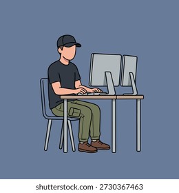 A man wearing a cap and casual clothes is sitting at a desk, focused on working with two computer monitors.
