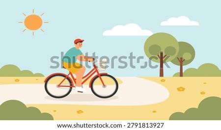 A man wearing a cap and casual clothes rides a red bicycle on a winding path in a park with trees and flowers under a sunny sky