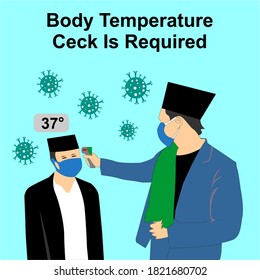 A man wearing a cap checks his body temperature before entering the boarding school area to fight the corona virus