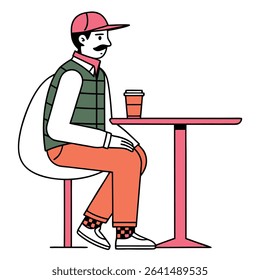 A man wearing a cap, vest, pink pants, and patterned socks sits at a pink table with a cup of coffee. He has a mustache and black hair.