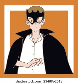 Man wearing cape and bat mask for Halloween party. Amusement park worker in uniform for superhero theme. Hand drawn flat cartoon character vector illustration.
