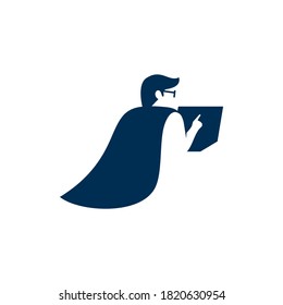 Man Wearing Cape Like Superhero Holding A Laptop With Negative Space - Gadgets Repair Technician Logo