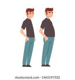 Man Wearing Casual Clothes Before and After Weight Loss, Male Body Changing Through Healthy Nutrition or Sports Vector Illustration