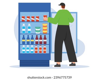 A man wearing casual clothes with a hat is choosing various cold drinks and yogurt in a supermarket cooler. Character design. Vector flat illustration