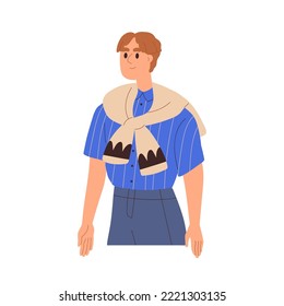 Man wearing casual clothes, tied sweater around shoulders and shirt. Modern smiling guy in apparel, fashion garment. Friendly male character. Flat vector illustration isolated on white background