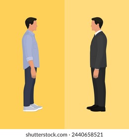 Man wearing casual clothing and formal clothing: career and identity concept