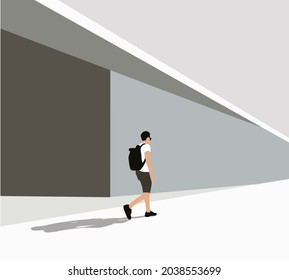 Man wearing casual clothing with sunglasses and backpack walks down the street. Colored vector illustration in flat cartoon style.