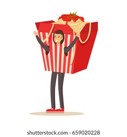Man wearing chinese noodles takeaway box costume, fast food snack character vector Illustration