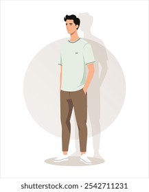 The man is wearing a classic style shirt in grey-blue tones and dark pants. Streamliny, yet elegant look, which is suitable for business friends.