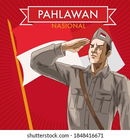 A man wearing the clothes and attributes of an Indonesian national hero doing a salute with a flag background