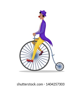 Man Wearing Clown Costume with Red Nose Riding Penny Farthing Retro Bicycle Isolated on White Background. Actor Male Character, Circus Actor, Movie, Film, Entertainment Cartoon Vector Illustration