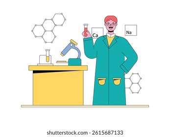 Man wearing coat doing experiment, research in laboratory. Design character. Flat vector illustration