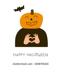 Man wearing costume on Halloween showing heart gesture by his hands. Illustration on white background. 