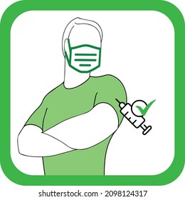 man wearing covid-19 protective mask shows brand of vaccine isolated on white background. Distributing the vaccine to the general population