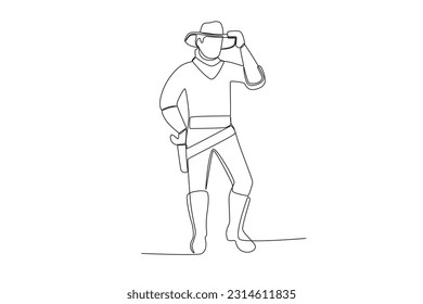 A man wearing cowboy clothes. Cowboy one-line drawing