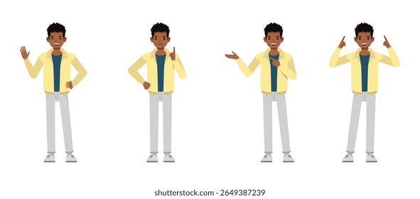 Mann trägt Creme Jacke Charakter Vektorgrafik Design-Set. Arbeiten und Präsentation in verschiedenen Aktionen.