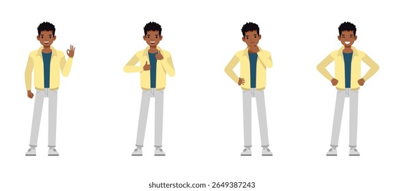 Man wearing cream jacket character vector illustration design set. Working and presentation in various action.