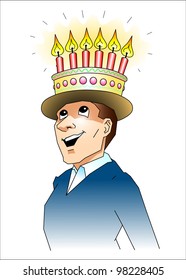 man wearing a crown of birthday cake with lighted candles