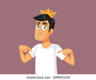 
Man Wearing a Crown Pointing to Herself Vector Cartoon. Enthusiastic guy exhibits self-confidence and pride 
