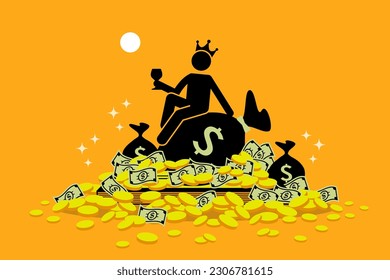 Man wearing a crown sitting on a pile of money and gold coins. Vector illustrations clip art depicts concept of rich, wealth, inheritance, lucky, fortune, treasure trove, and extravagant. 