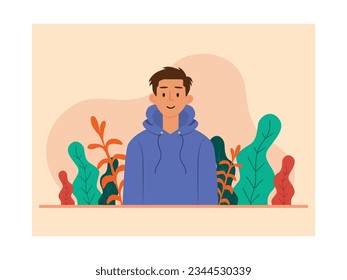 Man wearing denim jacket standing behind plants with smiling face outdoors in autumn season with leaves. Nature design. Vector flat illustration