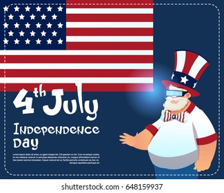 Man Wearing Digital 3d Glasses United States Independence Day Holiday Greeting Card Flat Vector Illustration
