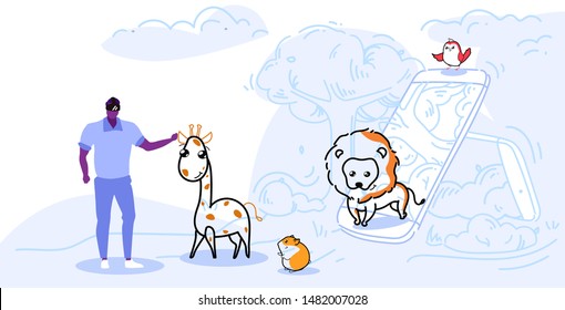 man wearing digital glasses african american guy touching vr giraffe animals from smartphone screen headset vision virtual reality technology concept sketch full length horizontal