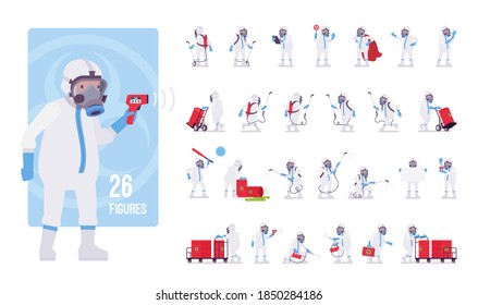 Man wearing disposable coverall character set, pose sequences. Worker in personal protective apparel, mask, suit Level C, tools, equipment. Full length, different views, gestures, emotions, position