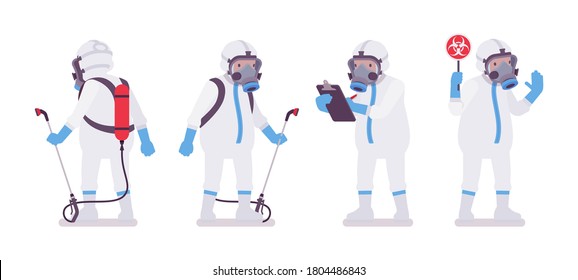 Man wearing disposable coverall with sprayer backpack, radiation sign. Worker in a white personal protective hooded apparel with respirator mask, suit Level C. Vector flat style cartoon illustration