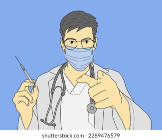 man wearing doctor uniform and medical mask holding syringe pointing with finger to the camera