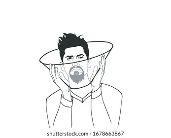 man wearing a dog cone/medical collar to stop him touching his face