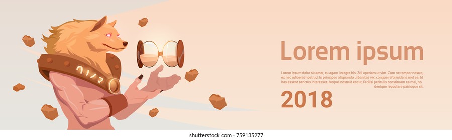 Man Wearing Dog Mask In Traditional China Clothes Hold Sand Watch Chinese New Year 2018 Horizontal Banner Flat Vector Illustration