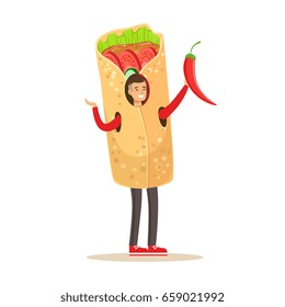 Man wearing doner kebab costume, fast food snack character vector Illustration