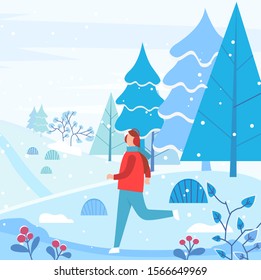 Man wearing earmuffs and warm clothes running in forest. Snowing weather in winter landscape with pine trees. Athlete jogging in morning, practicing , and working out. Vector in flat style